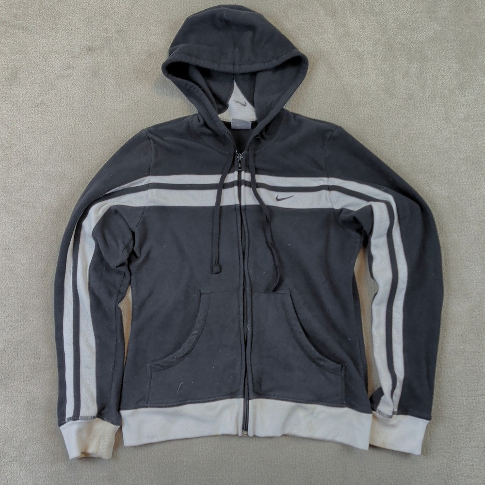 Nike Fleece Hoodie Kids Small Gray White Full Zip Striped Sleeve Swoosh Jacket